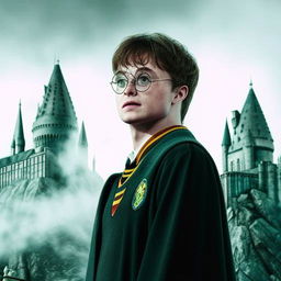 A detailed image of Harry Potter, standing tall with his black robe waving in the wind, his emerald eyes under the round glasses highlighting a look of determination, his wand raised high against the backdrop of a misty Hogwarts Castle.