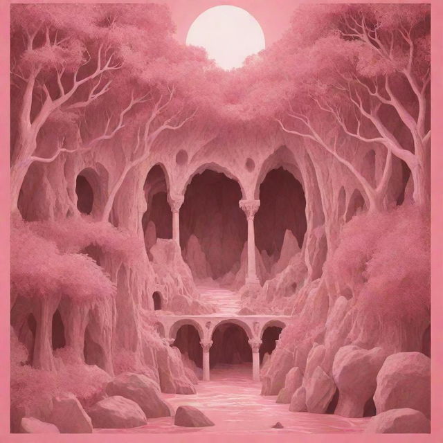 Design an epic poster featuring a paradise of love laced with caves, trees, and heart shapes. The color palette should be dominated by hues of pink, white, and red.