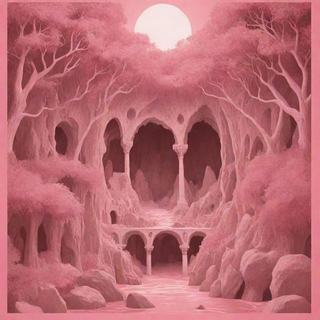 Design an epic poster featuring a paradise of love laced with caves, trees, and heart shapes. The color palette should be dominated by hues of pink, white, and red.