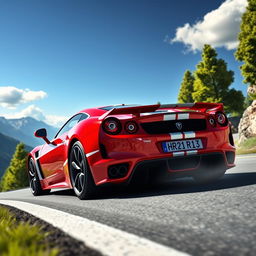 A striking digital artwork featuring a red and white sports car, stylized with the registration number HR21 RJ13 prominently displayed on the rear plate