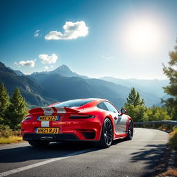 A striking digital artwork featuring a red and white sports car, stylized with the registration number HR21 RJ13 prominently displayed on the rear plate