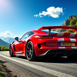 A striking digital artwork featuring a red and white sports car, stylized with the registration number HR21 RJ13 prominently displayed on the rear plate