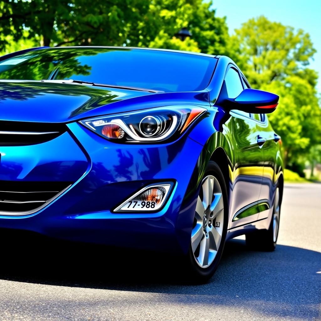 A blue 2012 Hyundai Elantra parked on a scenic street