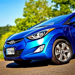 A blue 2012 Hyundai Elantra parked on a scenic street