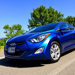 A blue 2012 Hyundai Elantra parked on a scenic street