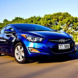 A blue 2012 Hyundai Elantra parked on a scenic street