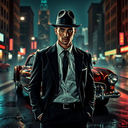 A stylish portrayal of a gangster from the year 2021, featuring a charismatic male figure clad in a tailored dark suit with a crisp white shirt and a black tie