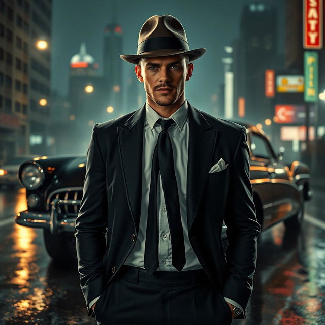 A stylish portrayal of a gangster from the year 2021, featuring a charismatic male figure clad in a tailored dark suit with a crisp white shirt and a black tie