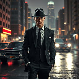 A stylish portrayal of a gangster from the year 2021, featuring a charismatic male figure clad in a tailored dark suit with a crisp white shirt and a black tie