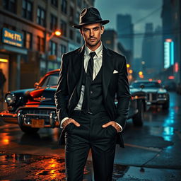 A stylish portrayal of a gangster from the year 2021, featuring a charismatic male figure clad in a tailored dark suit with a crisp white shirt and a black tie