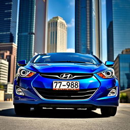 A blue 2012 Hyundai Elantra prominently displayed in the foreground, showcasing its sleek lines and modern features