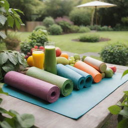 A tranquil, vibrant health and wellness scene showing yoga mats, green smoothies, fresh fruits and vegetables, and a peaceful garden setting.