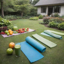 A tranquil, vibrant health and wellness scene showing yoga mats, green smoothies, fresh fruits and vegetables, and a peaceful garden setting.