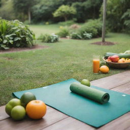 A tranquil, vibrant health and wellness scene showing yoga mats, green smoothies, fresh fruits and vegetables, and a peaceful garden setting.