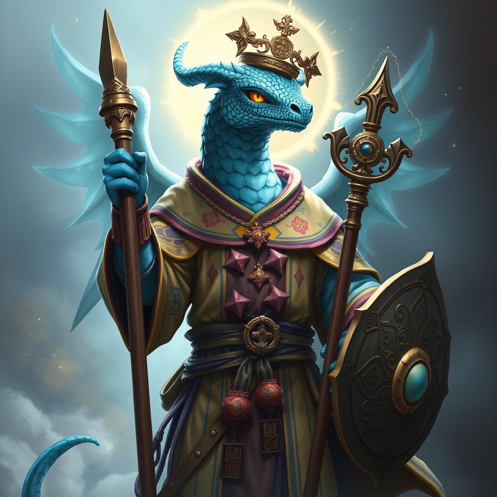 A cleric easterman with a unique appearance, featuring shimmering blue scales that catch the ambient light, wearing a ceremonial robe distinguished by vibrant colors and intricate designs