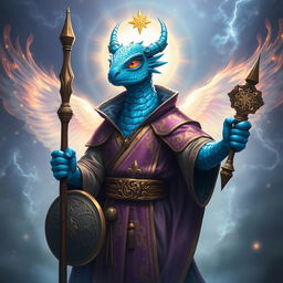 A cleric easterman with a unique appearance, featuring shimmering blue scales that catch the ambient light, wearing a ceremonial robe distinguished by vibrant colors and intricate designs