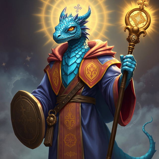 A cleric easterman with a unique appearance, featuring shimmering blue scales that catch the ambient light, wearing a ceremonial robe distinguished by vibrant colors and intricate designs