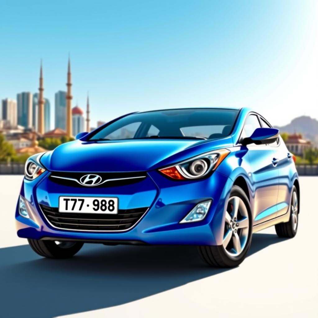 A blue 2012 Hyundai Elantra with the license plate '77ВС988', set against the iconic backdrop of Baku