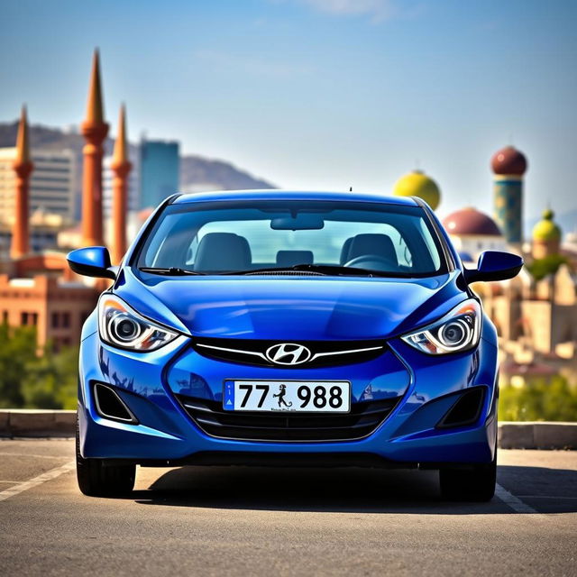 A blue 2012 Hyundai Elantra with the license plate '77ВС988', set against the iconic backdrop of Baku