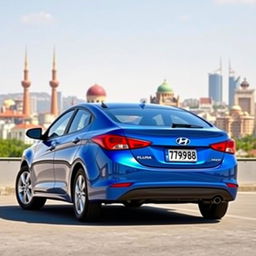 A blue 2012 Hyundai Elantra with the license plate '77ВС988', set against the iconic backdrop of Baku