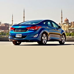 A blue 2012 Hyundai Elantra with the license plate '77ВС988', set against the iconic backdrop of Baku