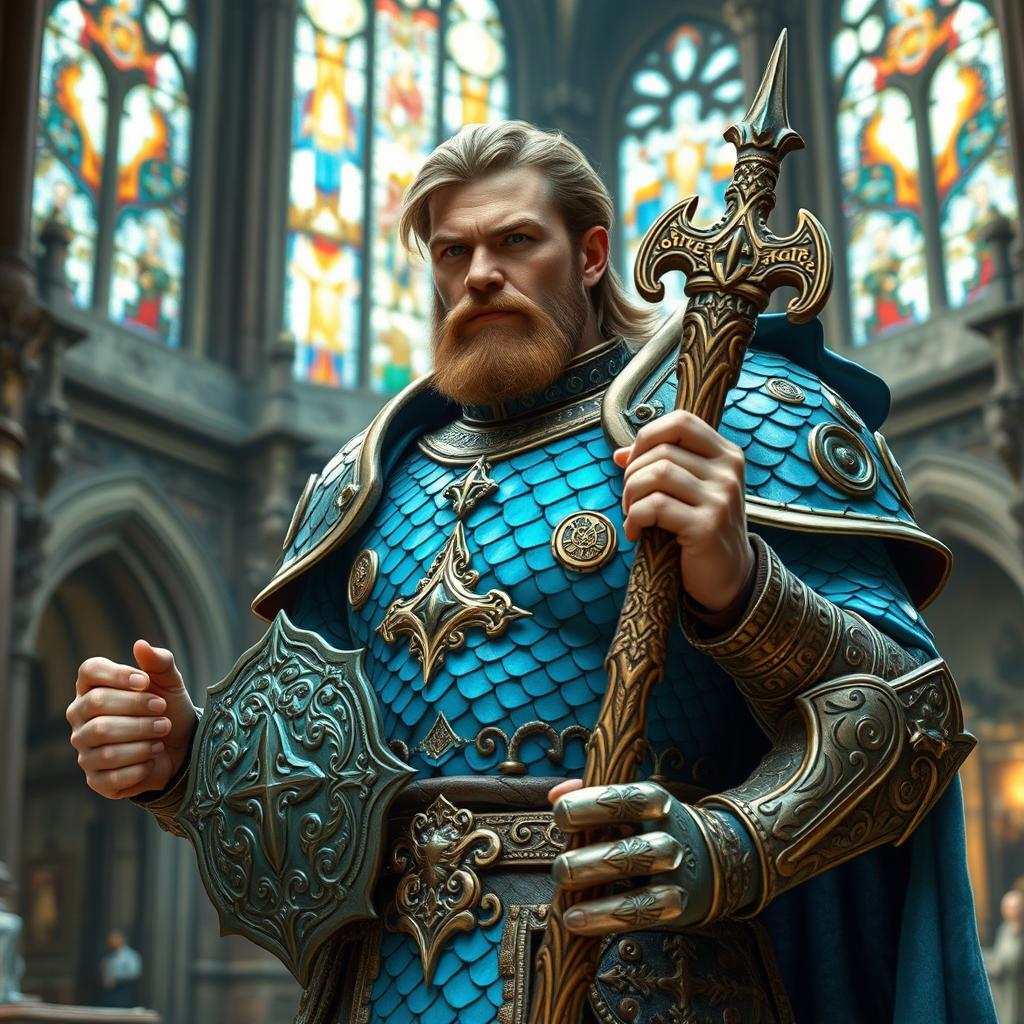 A powerful cleric clad in ornate armor, featuring striking blue scales reminiscent of a dragon's hide