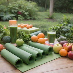 A tranquil, vibrant health and wellness scene showing yoga mats, green smoothies, fresh fruits and vegetables, and a peaceful garden setting.