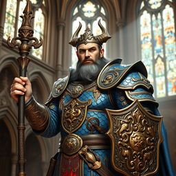 A powerful cleric clad in ornate armor, featuring striking blue scales reminiscent of a dragon's hide