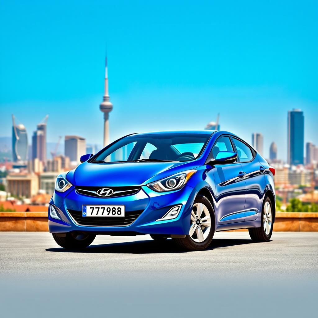 A blue 2012 Hyundai Elantra with the license plate '77ВС988', beautifully positioned against the stunning backdrop of the city of Baku