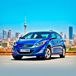 A blue 2012 Hyundai Elantra with the license plate '77ВС988', beautifully positioned against the stunning backdrop of the city of Baku