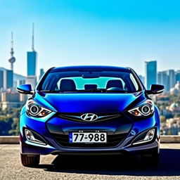 A blue 2012 Hyundai Elantra with the license plate '77ВС988', beautifully positioned against the stunning backdrop of the city of Baku