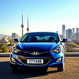 A blue 2012 Hyundai Elantra with the license plate '77ВС988', beautifully positioned against the stunning backdrop of the city of Baku