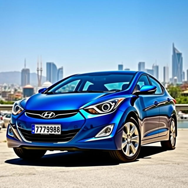 A blue 2012 Hyundai Elantra with the license plate '77ВС988', beautifully positioned against the stunning backdrop of the city of Baku