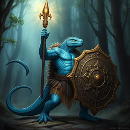 A formidable Lizardman warrior with striking blue scales, wielding a quistaff in one hand and a large, ornate shield adorned with holy symbols in the other