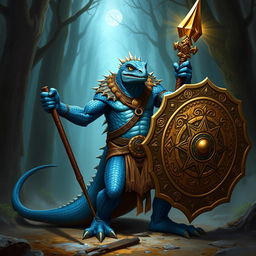 A formidable Lizardman warrior with striking blue scales, wielding a quistaff in one hand and a large, ornate shield adorned with holy symbols in the other