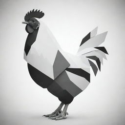 A black and white image showcasing a chicken made up of geometrically abstract shapes, each shape distinct yet harmoniously blended together, creating visual depth and interest.