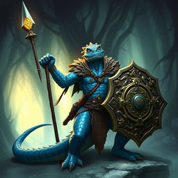 A formidable Lizardman warrior with striking blue scales, wielding a quistaff in one hand and a large, ornate shield adorned with holy symbols in the other