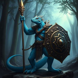 A formidable Lizardman warrior with striking blue scales, wielding a quistaff in one hand and a large, ornate shield adorned with holy symbols in the other