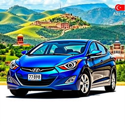 A blue 2012 Hyundai Elantra featuring the license plate '77ВС988', positioned against the picturesque backdrop of Azerbaijan's diverse landscape