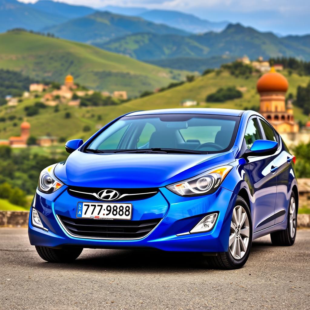 A blue 2012 Hyundai Elantra featuring the license plate '77ВС988', positioned against the picturesque backdrop of Azerbaijan's diverse landscape