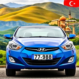 A blue 2012 Hyundai Elantra featuring the license plate '77ВС988', positioned against the picturesque backdrop of Azerbaijan's diverse landscape