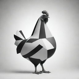 A black and white image showcasing a chicken made up of geometrically abstract shapes, each shape distinct yet harmoniously blended together, creating visual depth and interest.