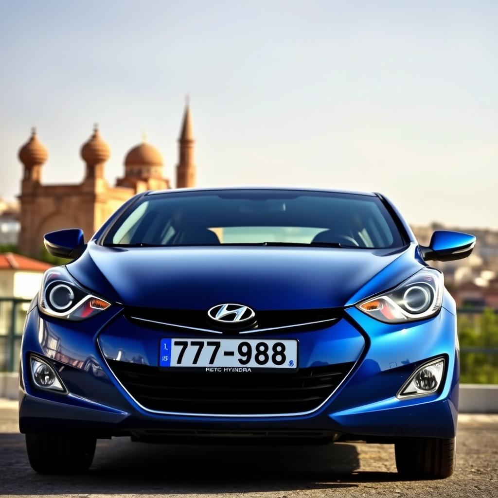 A blue 2012 Hyundai Elantra displaying the license plate '77ВС988', positioned against the captivating backdrop of Baku