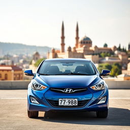 A blue 2012 Hyundai Elantra displaying the license plate '77ВС988', positioned against the captivating backdrop of Baku