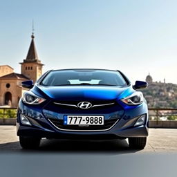 A blue 2012 Hyundai Elantra displaying the license plate '77ВС988', positioned against the captivating backdrop of Baku