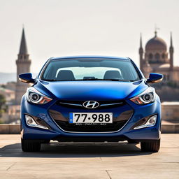 A blue 2012 Hyundai Elantra displaying the license plate '77ВС988', positioned against the captivating backdrop of Baku