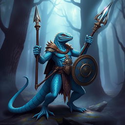 A striking Lizardman warrior with vivid blue scales, confidently wielding a quistaff in one hand and a small shield adorned with holy symbols in the other