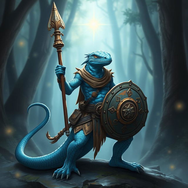 A striking Lizardman warrior with vivid blue scales, confidently wielding a quistaff in one hand and a small shield adorned with holy symbols in the other