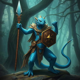 A striking Lizardman warrior with vivid blue scales, confidently wielding a quistaff in one hand and a small shield adorned with holy symbols in the other