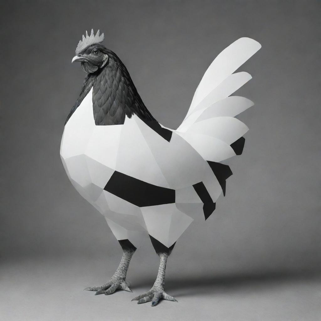 A black and white image showcasing a chicken made up of geometrically abstract shapes, each shape distinct yet harmoniously blended together, creating visual depth and interest.